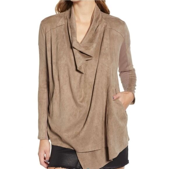 Blank NYC Taupe Faux Leather Suede Open Waterfall Drape Two Way Jacket Sz XS - Picture 2 of 16
